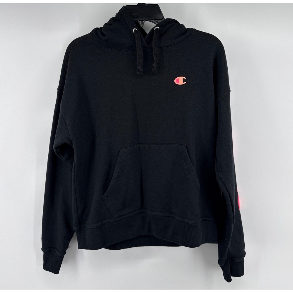Champion Womens Black Hoodie Pink Orange Gradient Sleeve Logo GF536 Small